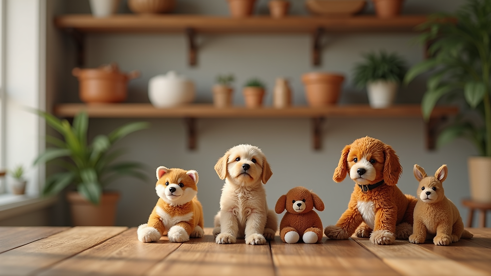 Eye-level view of eco-friendly pet toys arranged on a wooden shelf