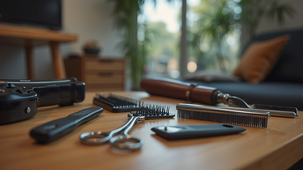 Eye-level view of grooming tools arranged neatly on a wooden table