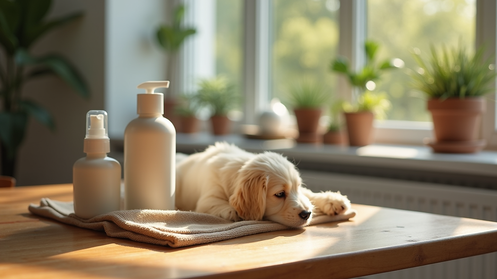 Close-up view of natural pet grooming products arranged on wooden table