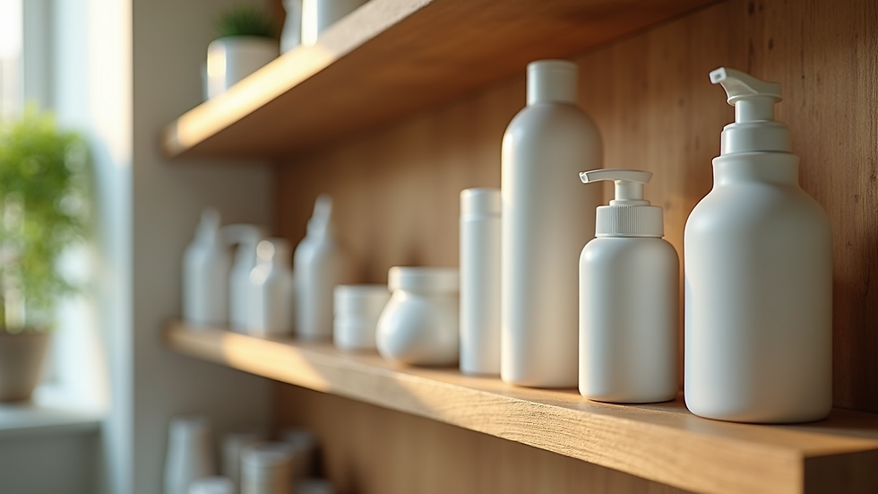 Eye-level view of natural skincare and pet care products on a wooden shelf