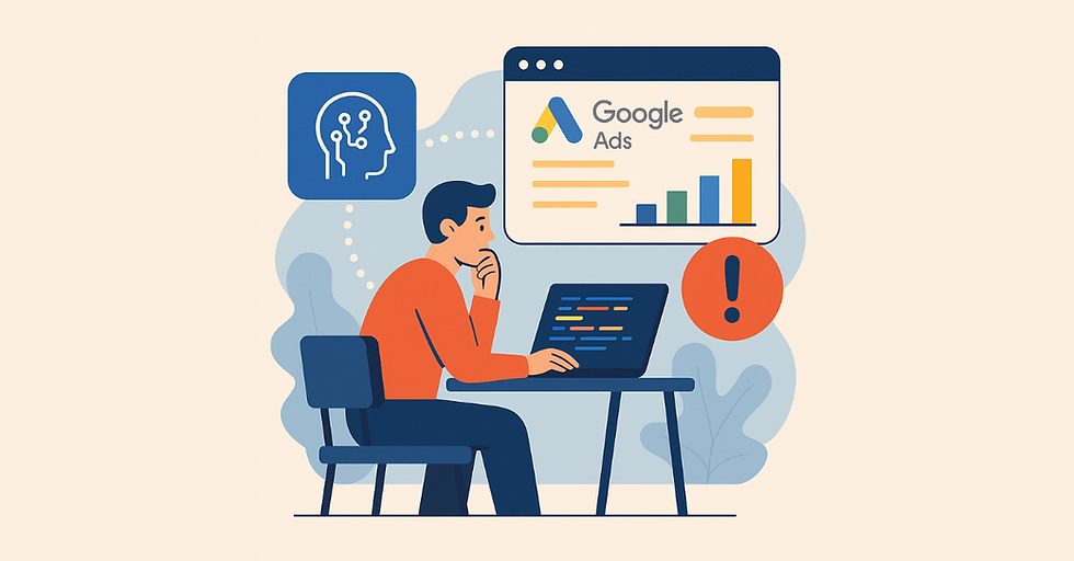 an ai-generated image of daniel sitting at a desk looking at a computer as he builds a web application with AI to be used with Google Ads.