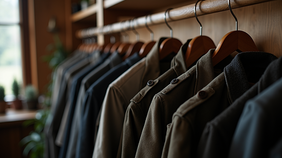 Eye-level view of a rugged jacket hanging on a wooden rack