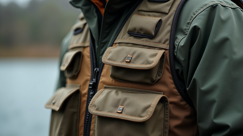 Close-up view of a fishing vest with multiple pockets and durable fabric
