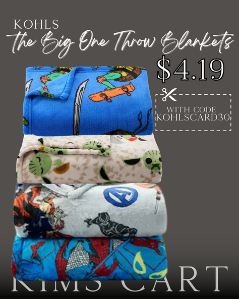 WHOA!! 😱 I'm seeing Marvel, Starwars and Nickelodeon Blankets dropping as low as $4.19 with code KOHLSCARD30 for card holders!!!  Snag these now and stash away for Christmas