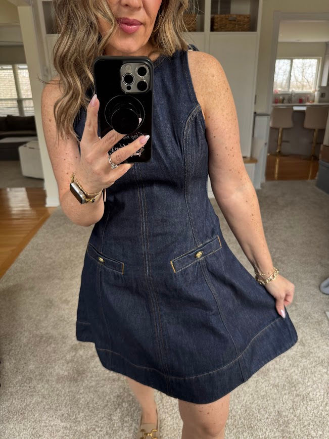 My Free Assembly Sleeveless Denim Dress just dropped on CLEARANCE!! I love the vertical piping which gives a slimming effect. This is a thicker A-line denim dress and fits a tad big.