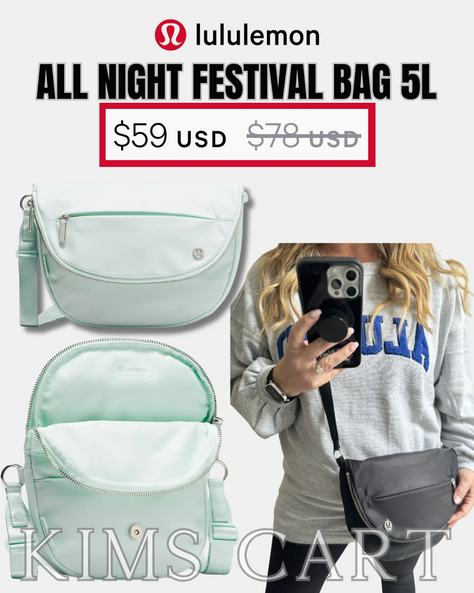 🤍 The BEST Travel Bag!!! My LuLuLemon All Night Festival Bag 5L is on sale + ships free in this beautiful mint color. This bag holds a TON and wipes down easily.