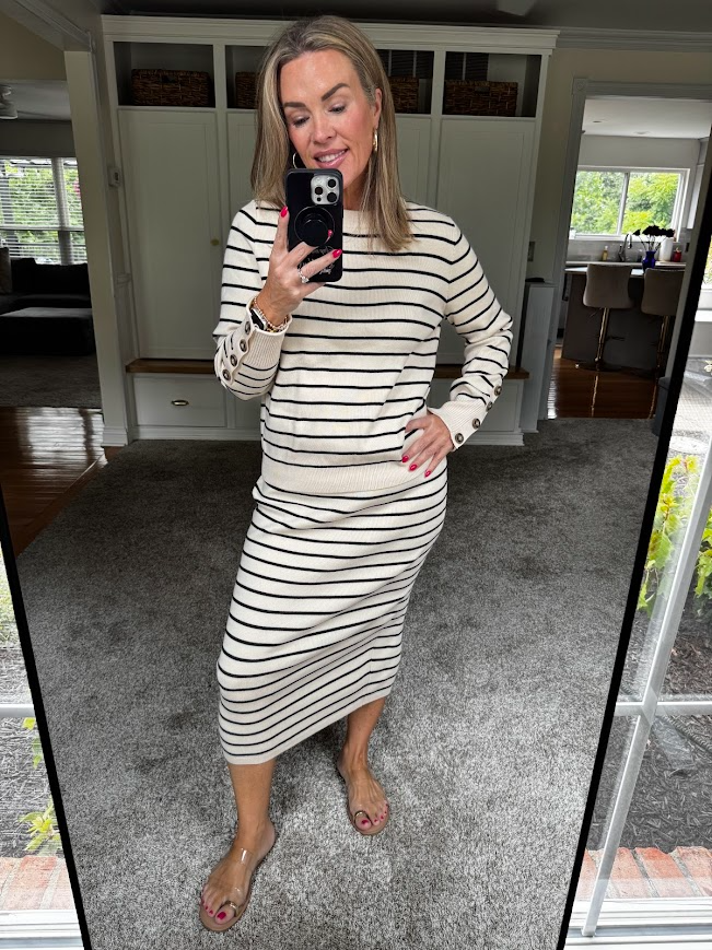 This striped 2-Piece Sweater Skirt Set is SO GOOD!!  It’s lightweight, soft and super flattering.  45 Percent OFF Today.  