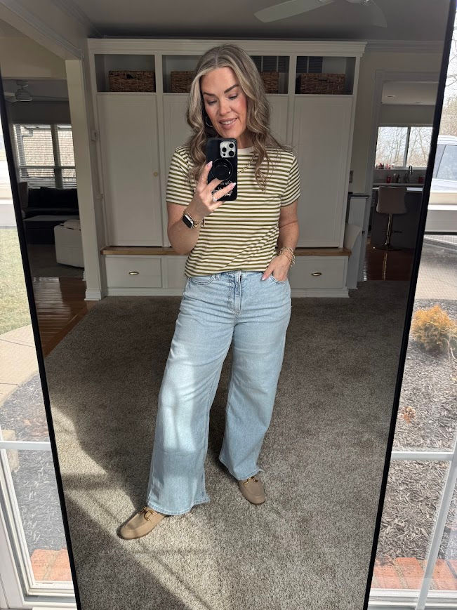 OOTD!  My NEW favorite Jeans from Aerie!!  High Waisted, Baggy and Stretchy.  Paired with a cute striped tee and my Antho-dupe loafers.  