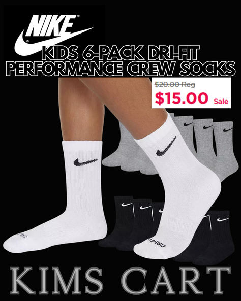 This one is on my 9yr old son's Christmas List: Kids Nike 6-Pack Dri-FIT Performance Crew Socks JUST $15!!