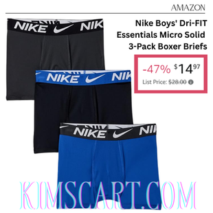 Grabbed mine!! Nike Boys' Dri-FIT Essentials Micro Solid 3-Pack Boxer Briefs UNDER $15 (Reg $28)