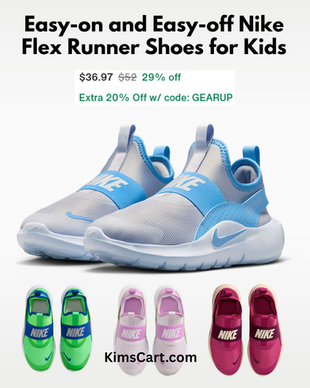 My FAVORITE Easy-on and Easy-off Nike Flex Runner Shoes for Kids! Available in baby/toddler, little and big kid sizes. On sale + ANOTHER 20 percent off!!