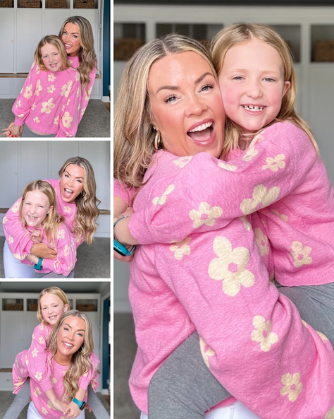 I scored these darling Mommy & Me Flower Sweaters and SHE decided how we should pose for the photos!! Use group code KIMSCART20 for 20% OFF your order.