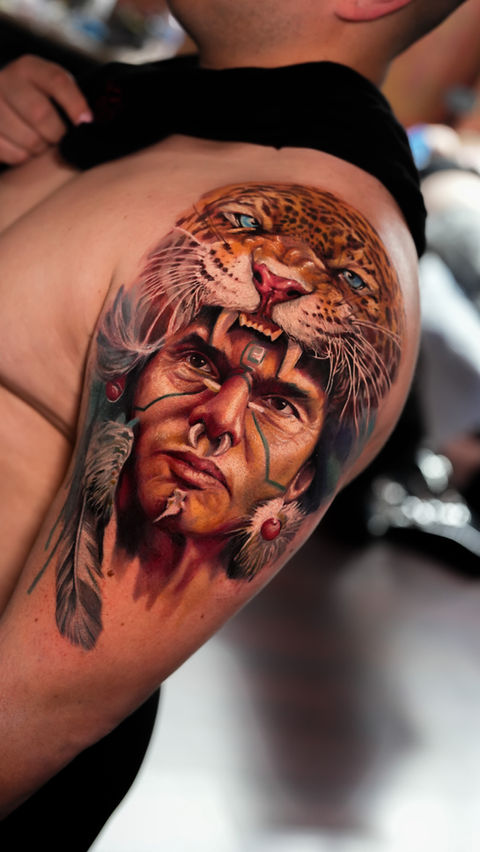 Tiger, portrait, native, color tattoo, New York tattoo