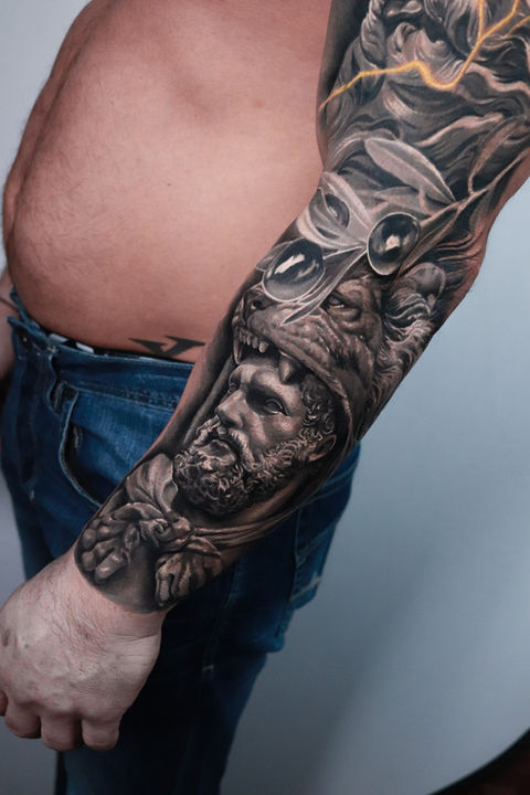 Full Sleeve Male Tattoo Design, Greek God Inspired Tattoo Artwork, black and gray tattoo, full arm black and gray, best full sleeve, sex full sleeve, the best black and gray tattoo, best black and gray tattoo in NY, amazing tattoo in NY, realism tattoo NY, famous tattoo artist in NY, the best tattoo shop in NY