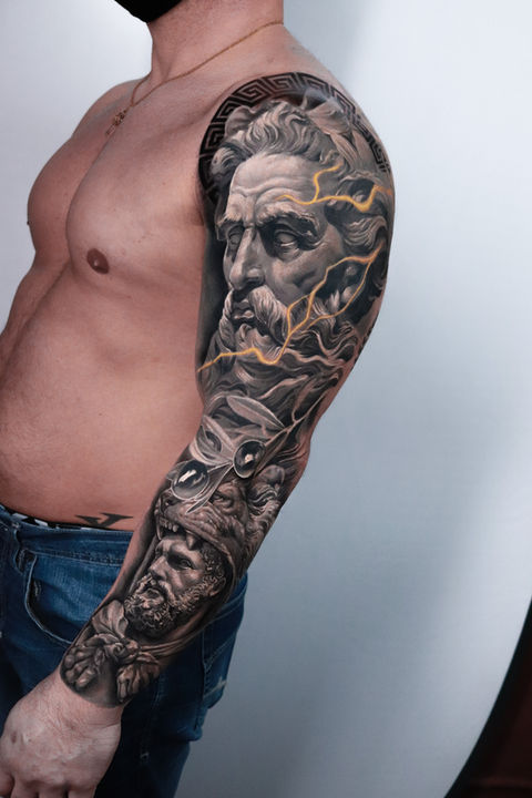 Full Sleeve Male Tattoo Design, Greek God Inspired Tattoo Artwork, black and gray tattoo, full arm black and gray, best full sleeve, sex full sleeve, the best black and gray tattoo, best black and gray tattoo in NY, amazing tattoo in NY, realism tattoo NY, famous tattoo artist in NY, the best tattoo shop in NY