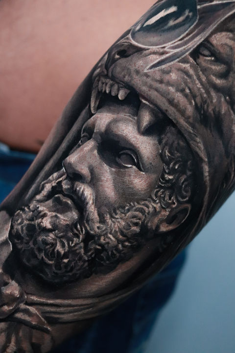 Full Sleeve Male Tattoo Design, Greek God Inspired Tattoo Artwork, black and gray tattoo, full arm black and gray, best full sleeve, sex full sleeve, the best black and gray tattoo, best black and gray tattoo in NY, amazing tattoo in NY, realism tattoo NY, famous tattoo artist in NY, the best tattoo shop in NY