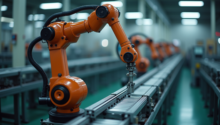 High angle view of a robotic arm assembling mechanical parts in a factory