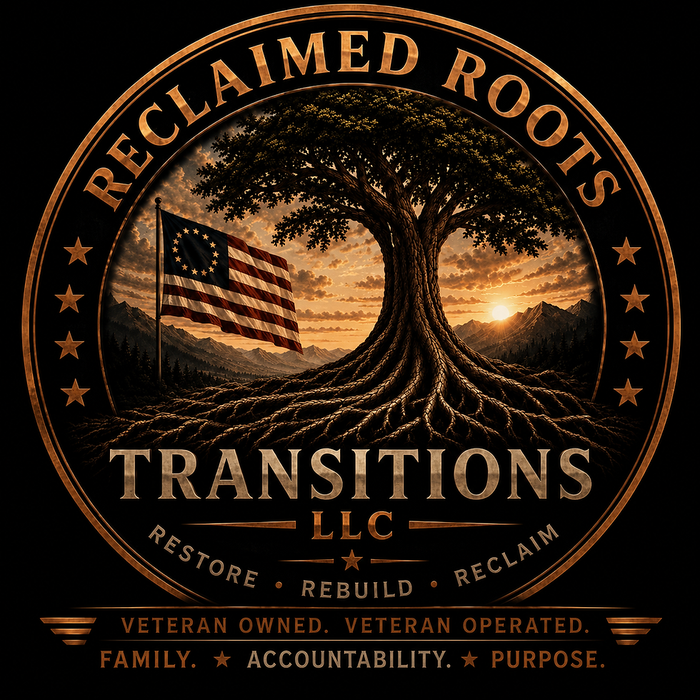 Reclaimed Roots Transitions LLC is incircled with stars inside the circle is a image of a 13 colony flag with sunset in background of a tree rooted with description restore, rebuild, reclaim at bottom says veteran owned. Veteran Operated. colors cooper and black