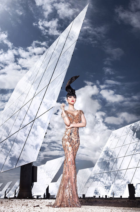Jessica Minh Anh wearing Pandora at Gemasolar power plant in Seville