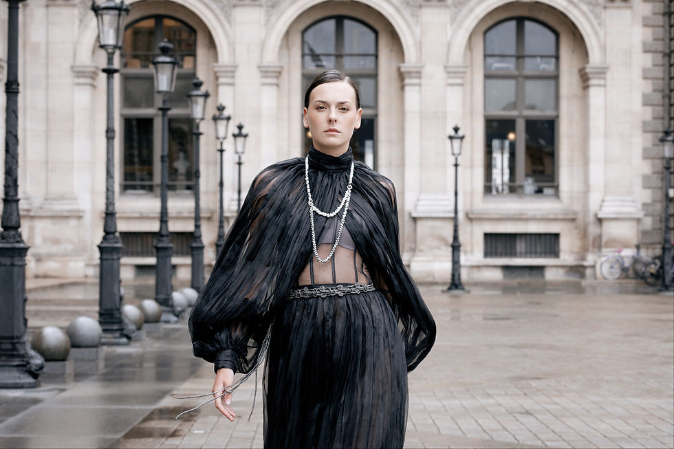 Jessica Minh Anh showcases Kathrine Lindman jewerly during Paris Fashion Week Haute Couture