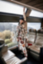 Jessica Minh Anh in floral Italian design F.R.S on the GoldenPass Express for Luxury in Motion campaign in Switzerland