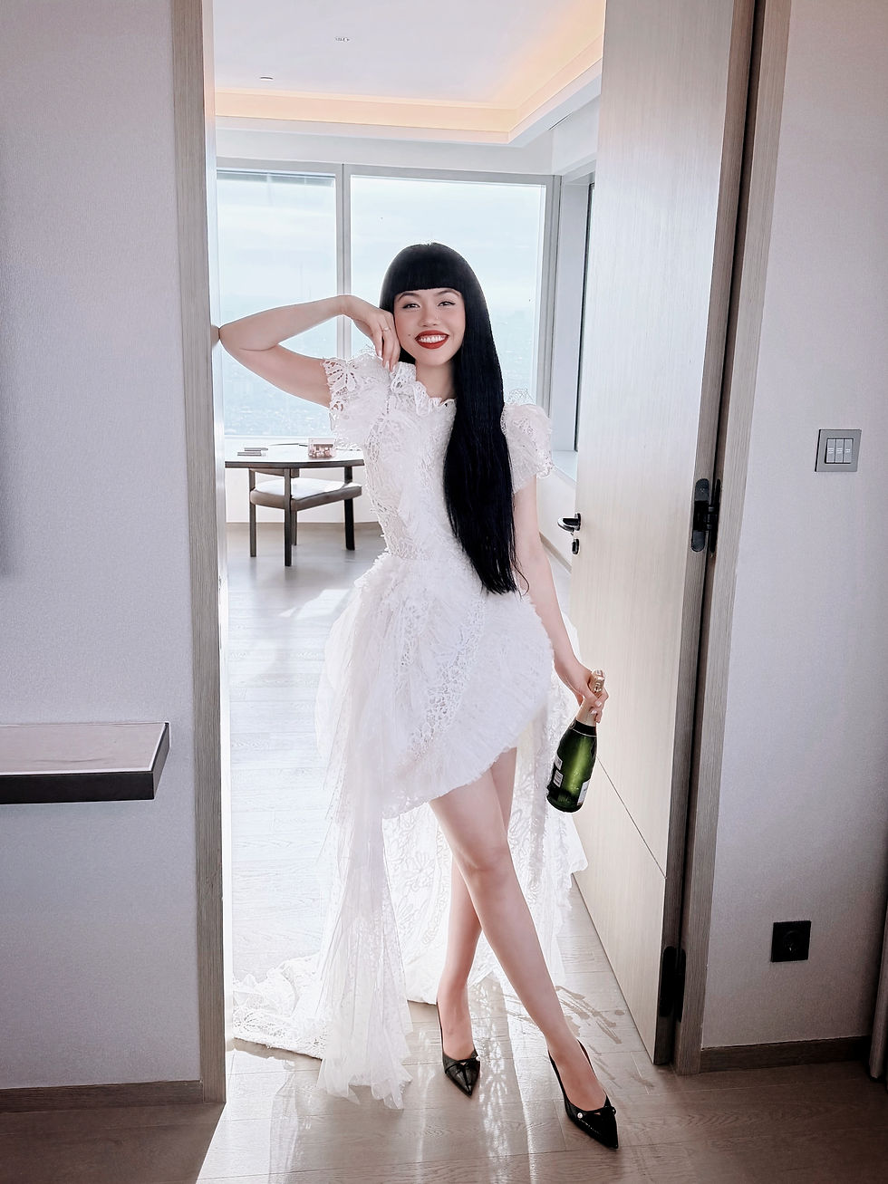 Jessica Minh Anh at Pan Pacific Jakarta, Indonesia in Pan Pacific Suite wearing a white couture dress