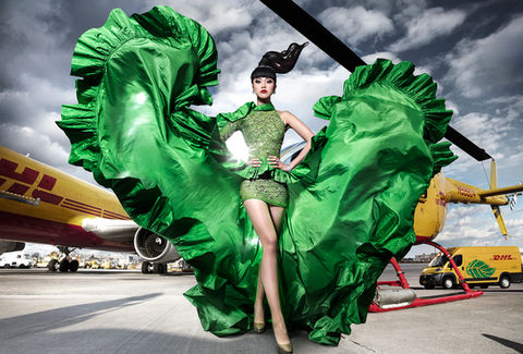 Jessica Minh Anh wearing Rami Kadi at JFK New York with DHL Express