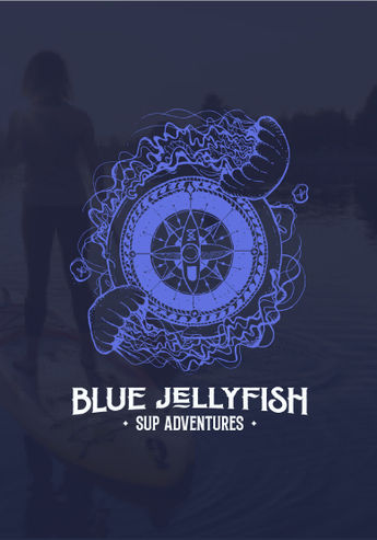 Blue Jellyfish SUP Adventures logo featuring a stylized jellyfish surrounding a compass, symbolizing ocean exploration, adventure, and navigation.