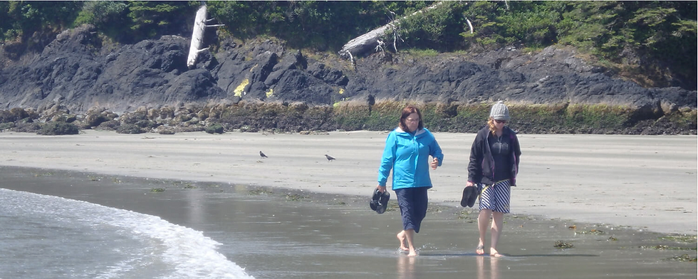 Two people walking along a peaceful ocean beach shoreline, illustrating connection to the ocean and the calming effects of water.
