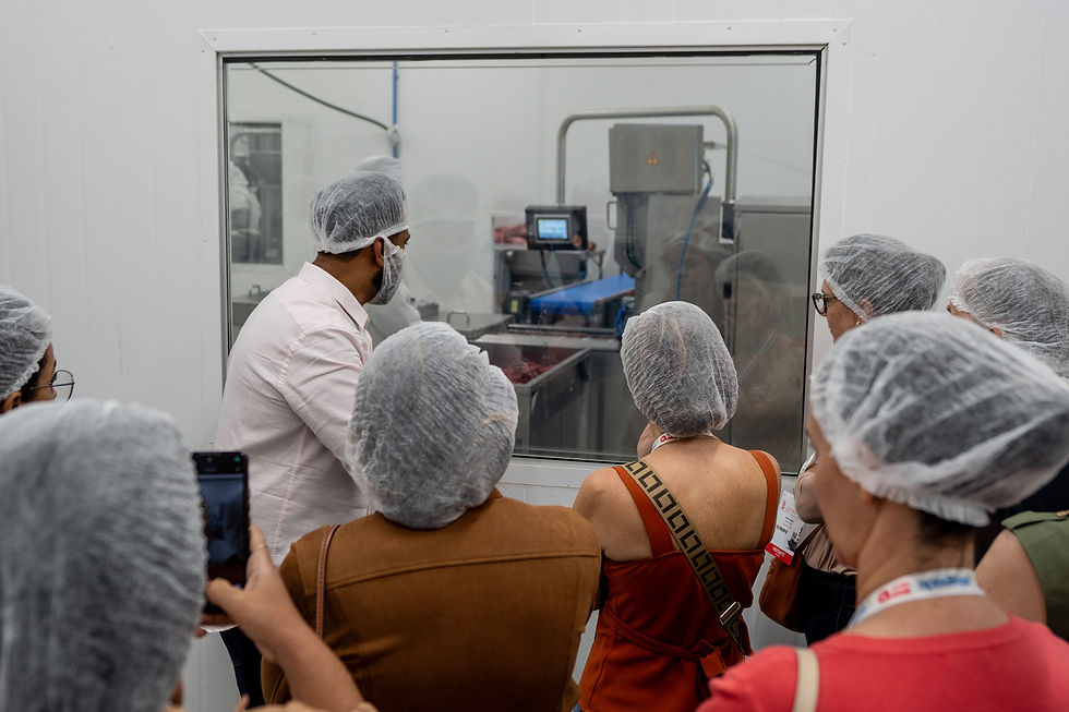 Grupo de visitantes com toucas observa máquina de processamento de alimentos por janela, em ambiente branco e industrial.