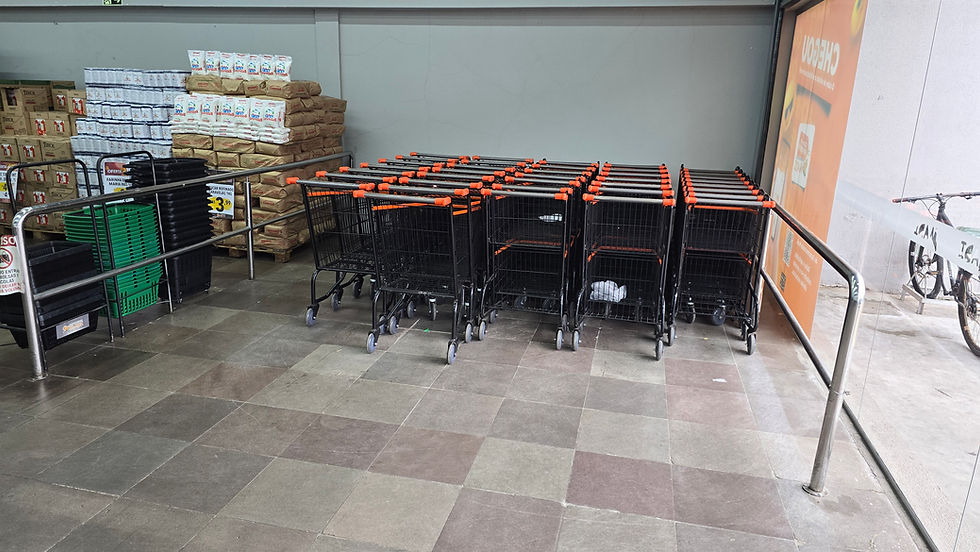 Carrinhos de supermercado vazios com detalhes laranja, ao lado de pilhas de sacos e caixas em uma loja organizada.