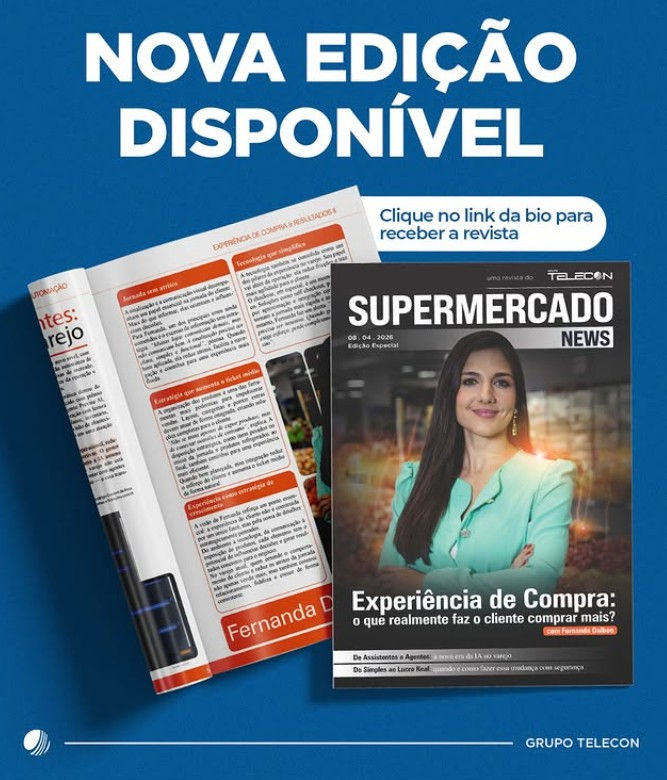 Nova edição disponível da revista Supermercado News, com capa de mulher e texto Clique no link da bio para receber a revista.