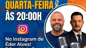 Cartaz azul e laranja de live sobre recuperação judicial, com dois homens, microfones e textos: quarta-feira às 20h no Instagram.