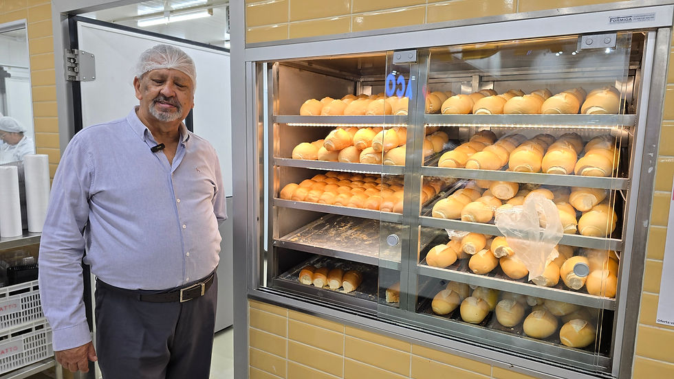 Homem com touca ao lado de um forno cheio de pães dourados. Paredes amarelas. Ar neutro. Texto legível: "Formiga".