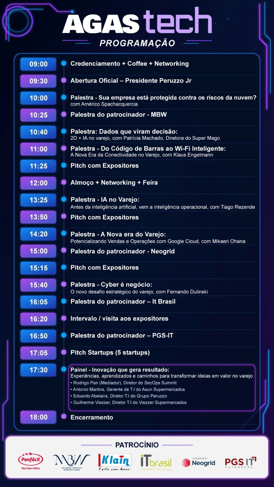Cartaz neon da programação AGAS tech, com horários de palestras, pitches e networking em varejo; logos de patrocinadores no rodapé.