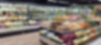 Supermercado com hortifruti orgânico: verduras embaladas, frutas e legumes em ilhas; placas HIGIENIZADOS e HIDROPÔNICOS.