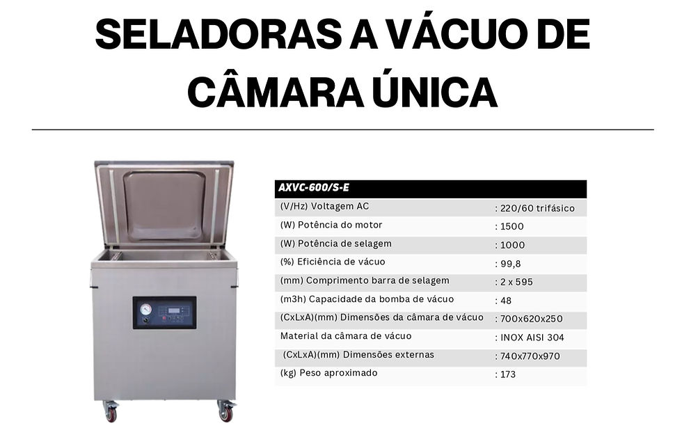 Seladora a vácuo inox com tampa aberta e painel frontal; acima, título e tabela de especificações técnicas.