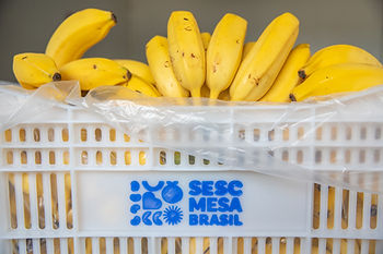 Caixa branca cheia de bananas amarelas com logotipo azul "SESC Mesa Brasil" na frente. Fundo neutro.