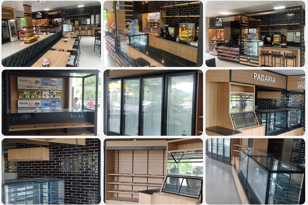 Colagem de padaria/conveniência vazia, com balcões e vitrines, paredes pretas e placas CAIXA e PADARIA.
