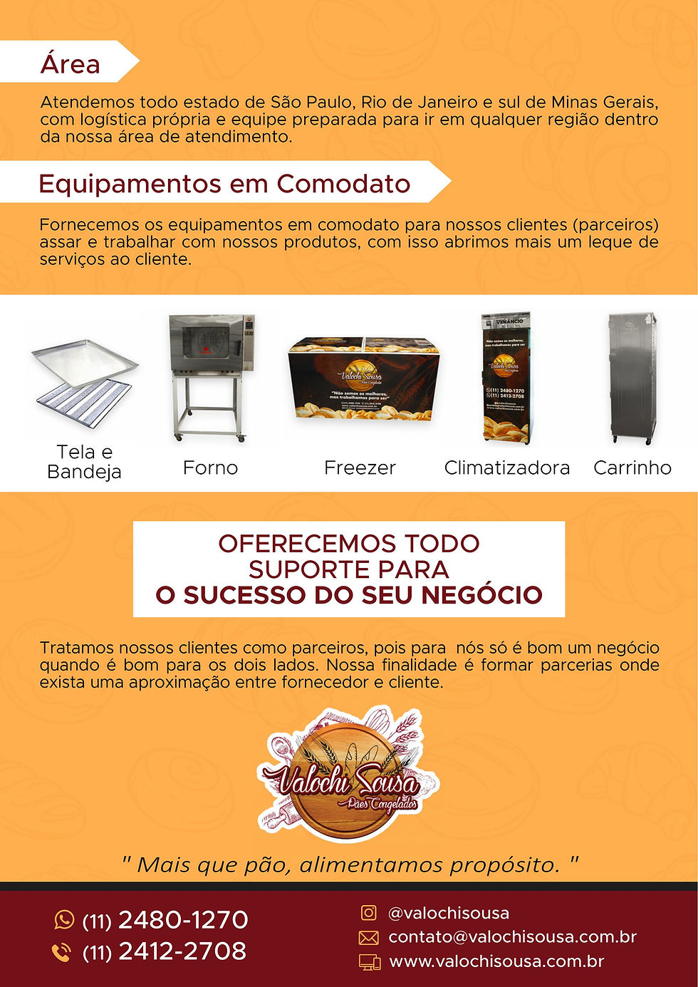 Equipamentos em comodato para clientes em SP, RJ e MG. Inclui tela, forno, freezer. Texto destaca apoio ao sucesso do negócio.