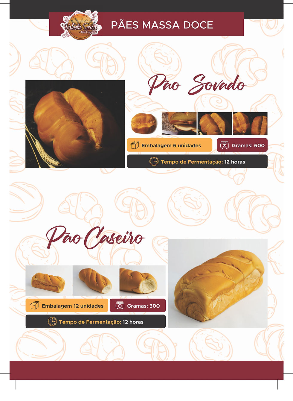 Cartaz de pães: Pão Sovado e Pão Caseiro, com fotos dos pães e textos sobre embalagens, gramas e 12 horas de fermentação.