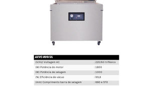 Cartaz de seladora a vácuo de câmara única inox, modelo AXVC-800/2L, com tampa aberta e tabela de especificações.