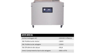Cartaz de seladora a vácuo de câmara única inox, modelo AXVC-800/2L, com tampa aberta e tabela de especificações.