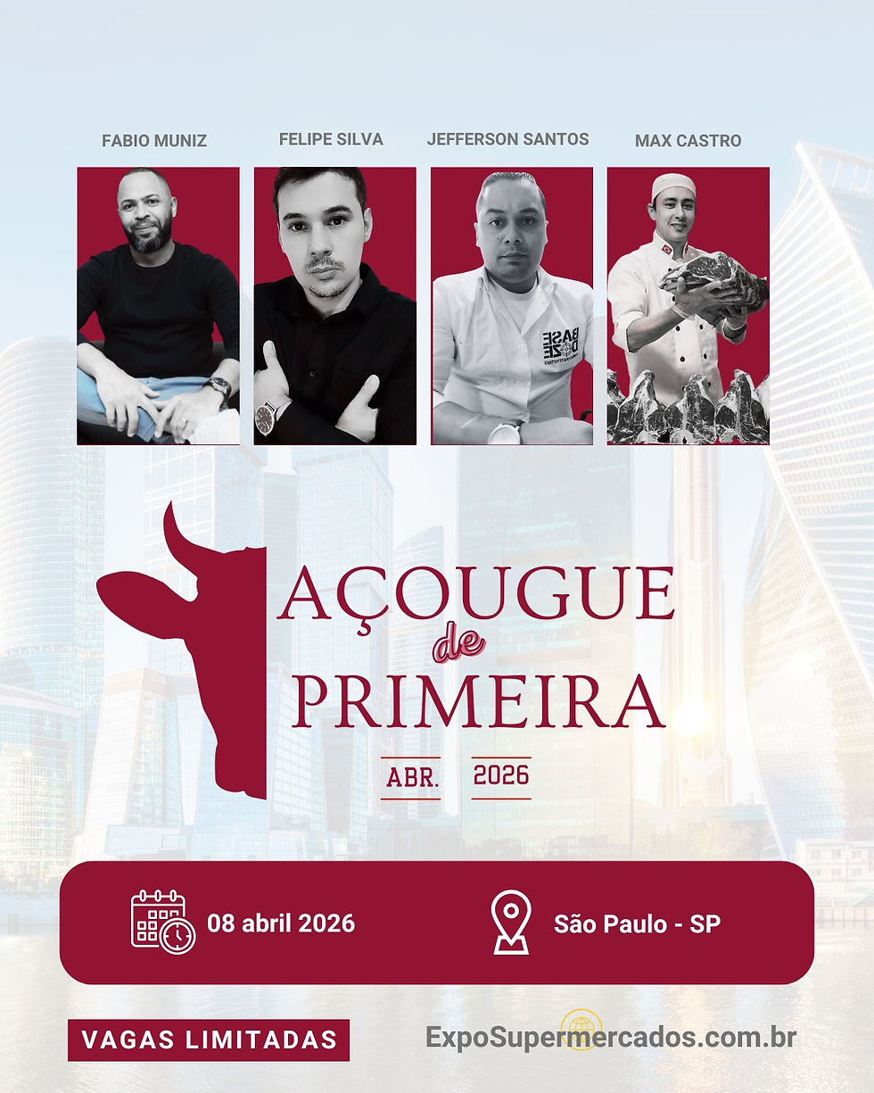 Quatro homens em fotos individuais, com fundo vinho. Texto: Açougue de Primeira, 08 abr 2026, São Paulo-SP, Vagas Limitadas, ExpoSupermercados.com.br.