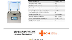 Seladora a vácuo AXVC-410T/2A em inox com tampa azul e tabela de especificações técnicas, logos AXISVAC e Busch.