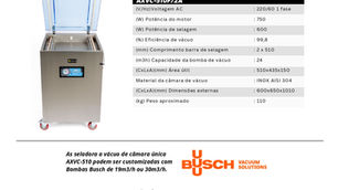 Seladora a vácuo inox AXVC-510 com tampa aberta, tela frontal e tabela de especificações técnicas ao lado, com logo Busch e AxisVac.