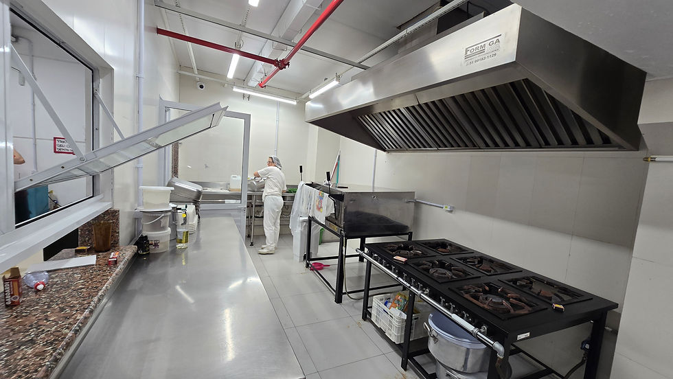 Cozinha industrial com pessoa limpando pia, utensílios organizados. Fogão e exaustor inox à direita. Ambiente limpo e iluminado.