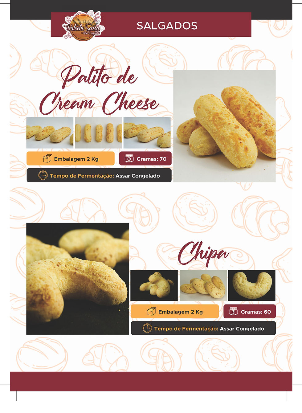 Cartaz de salgados com Palito de Cream Cheese e Chipa, fotos dos produtos, Embalagem 2 Kg, Gramas 70/60 e Assar Congelado.