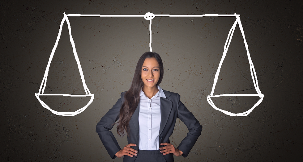 Conceptual Confident Young Businesswoman on a Gray Gradient Background with Balance Justice Scale Dr