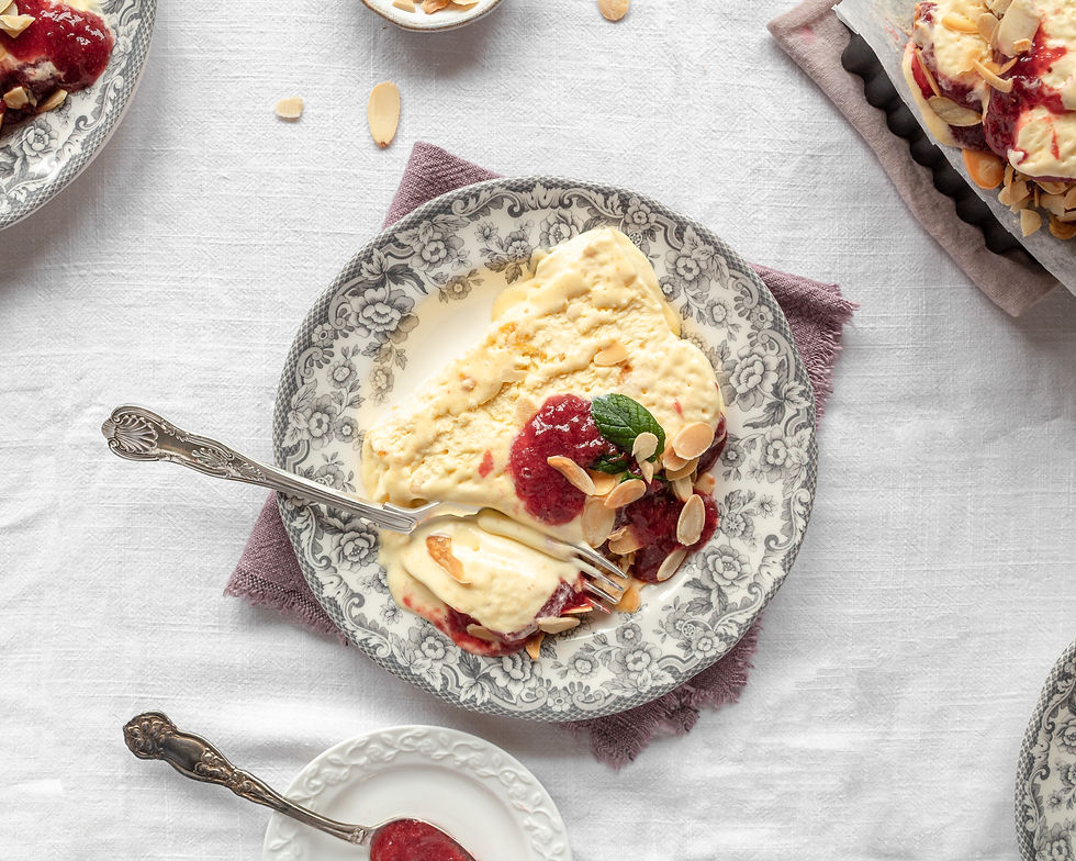 Semifreddo cake with almond praline and strawberry jam
